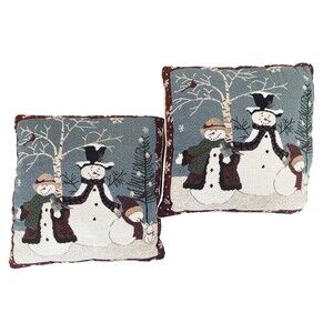 VTG Snowman Tapestry Throw Pillows 16x16 Lot of 2 Winter Christmas Holiday Decor